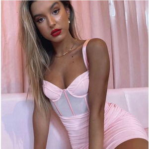 White Fox Boutique Pink Mesh Corset Ruched Mini Dress Medium